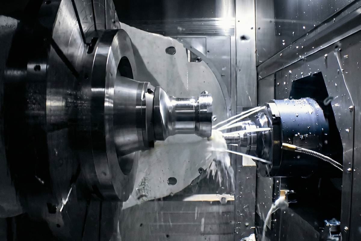 CNC turning with coolant on a stepped shaft