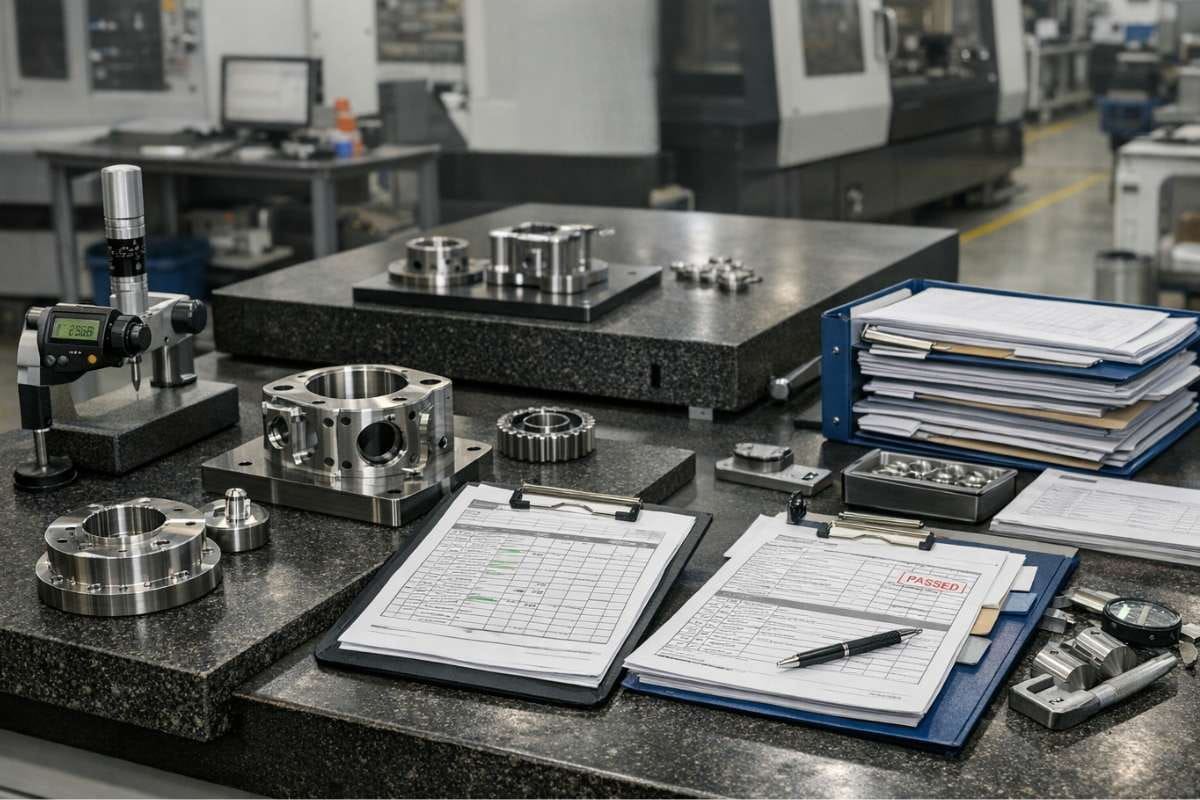 Inspection bench with gauges, parts and approved quality reports
