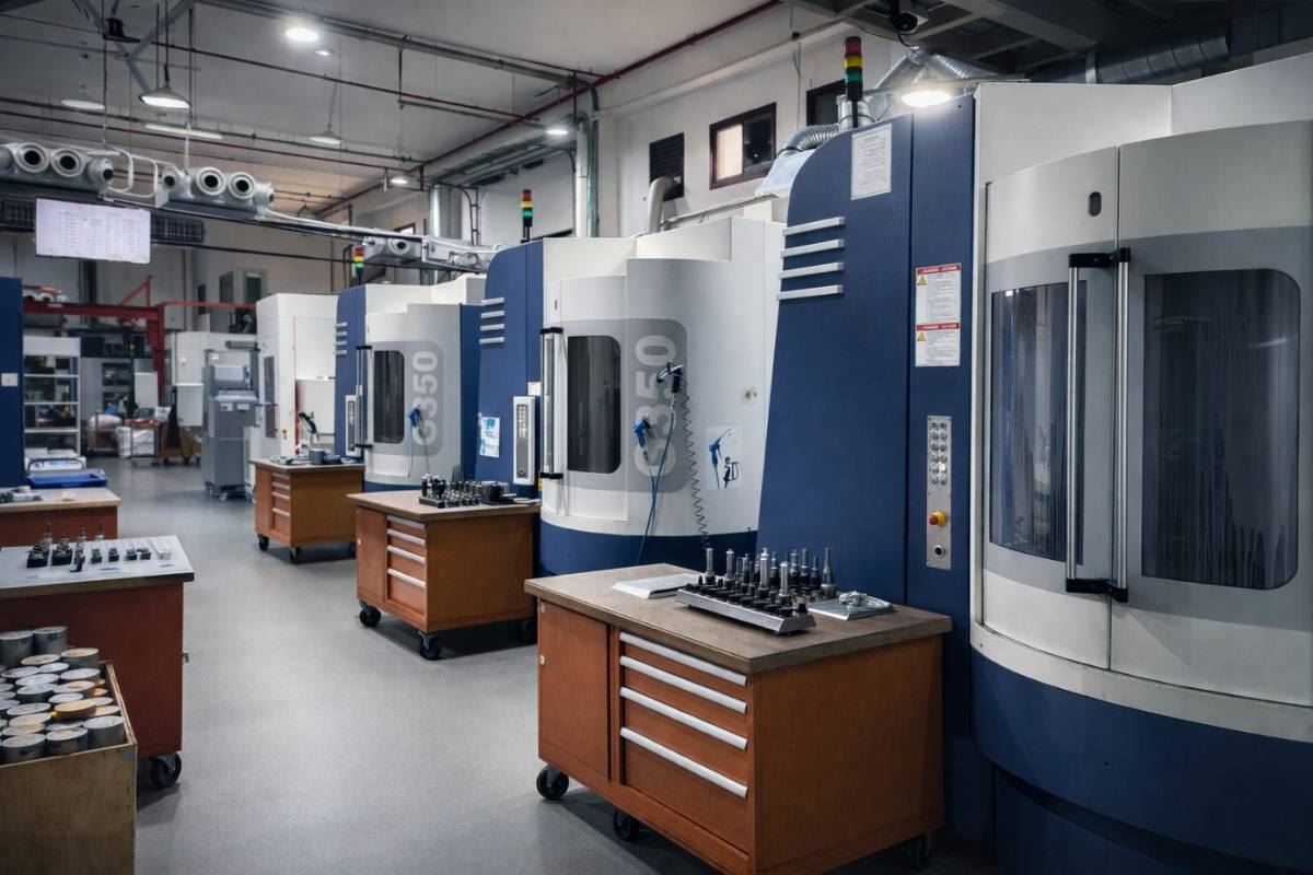 Row of enclosed CNC machining centres on production floor
