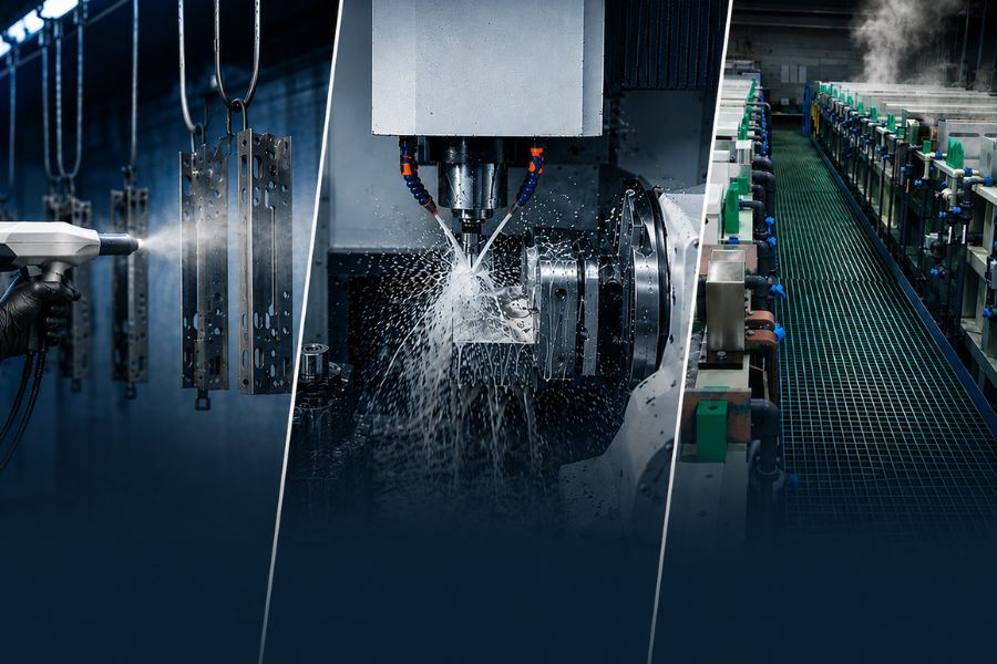 Part cleaning, CNC milling and production line stages